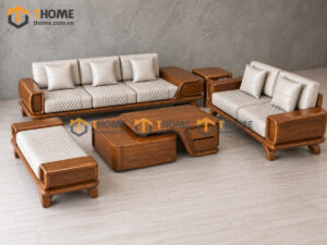 Sofa Gỗ Sồi Tự Nhiên Cao Cấp YeTi 5 Món Màu Óc Chó SFĐ-44SN